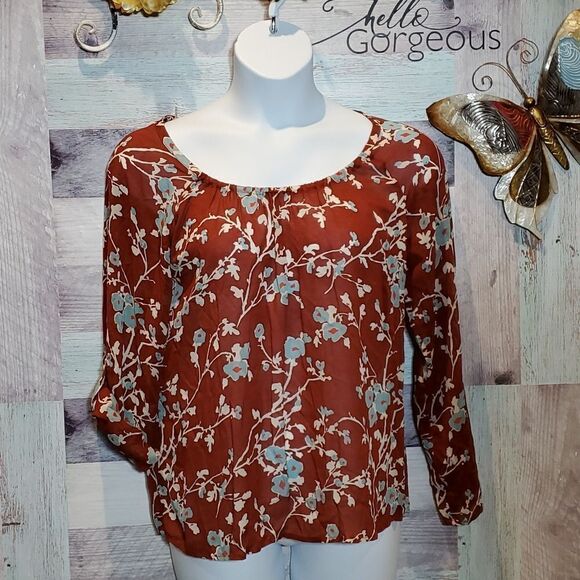 Tommy Bahama Sz M Rust Blue Floral Sheer Scoop Neck Popover Cupro Blouse 824 - Picture 1 of 8